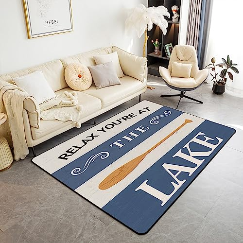 Kinder Lake Area Teppich 100x150cm Lake House Paddle Relax Wohnzimmer Teppiche für Jungen Schlafzimmer Dekor Lake House Dekorative Teppich Lake Cabin Dekor Blau und Weiß Indoor Bodenmatte