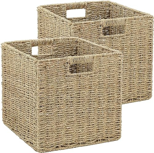 Aluusy Panier Rangement Tressé, Lot de 2 Cube Rangement Pliable en Papier de Jacinthe d'eau, Panier pour étagère Kallax, Bureau, Chambre, Panier pour Vêtements Jouets Magazines 28x28x28cm