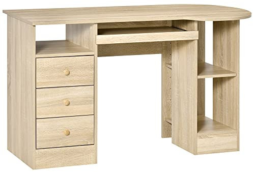 HOMCOM Scrivania da PC per Ufficio con Scaffali, Scrivania per Cameretta con Cassetti e Ripiano Testiera in Legno, Scrivania per Computer, Color Legno
