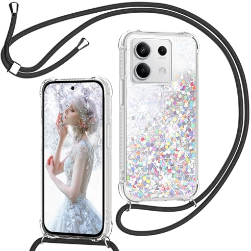 Handyband für Xiaomi Redmi Note 13 Pro 5G/Poco X6 5G Hülle mit Band, Glitzer Treibsand Handyhülle mit Kordel zum Umhängen Transparent Stoßfest Schutzhülle mit Kette Schnur, Quicksand Case in Schwarz