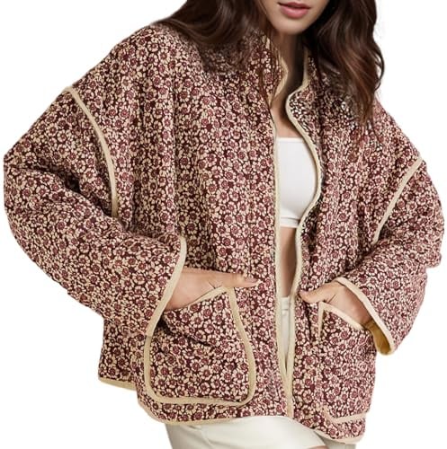 Wyeysyt Women's Cropped Quilted Jacket Floral Print Padded Puffer Jackets Lightweight Open Front Cardigan Coat Outwear(Red-M)