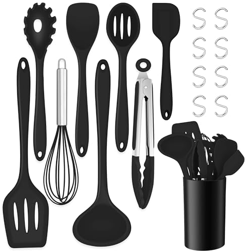 TEAMFAR Juego de utensilios de cocina, 17 unidades, de silicona, resistentes al calor, color negro, con soporte para utensilios, no tóxico y sin olores, antiadherentes y aptos para lavavajillas