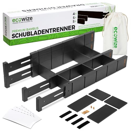 Ecowize Schubladentrenner (43-56 cm) - Bambus Schubladen Organizer, gefedert - Schubladentrenner Küche, Schlafzimmer, Badezimmer, Schlafzimmer, Schreib- und Basteltisch - (Swarsch)