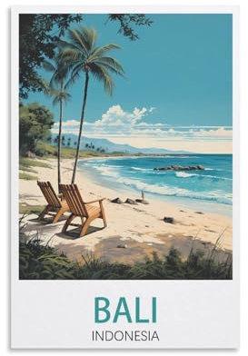 Vintage-Reiseposter Bali Indonesien Strand Landschaft 20 x 30 cm Leinwand Wandkunst Poster für Wohnzimmer Dekor Gemälde für Heimdekoration