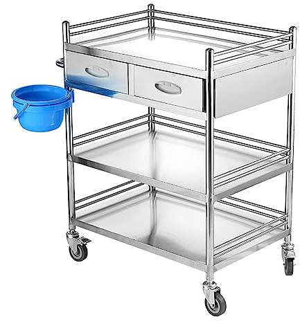 OHaGin 3-lagiger medizinischer Laborwagen mit 2 Schubladen, Rollwagen aus Edelstahl, multifunktionaler Aufbewahrungsregal-Organizer für Labor, Krankenhaus, Kliniken, Zahnschönheitssalon (80 x 48 x