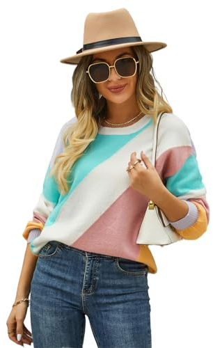 HEYPORK Damen Herbst Winter Warm Bequem Pullover Casual Mode Strickjacke Strickpullover Frauen Pullover Streifen Spleißen Mode Rundhals Pullover(Hellgrün, M)