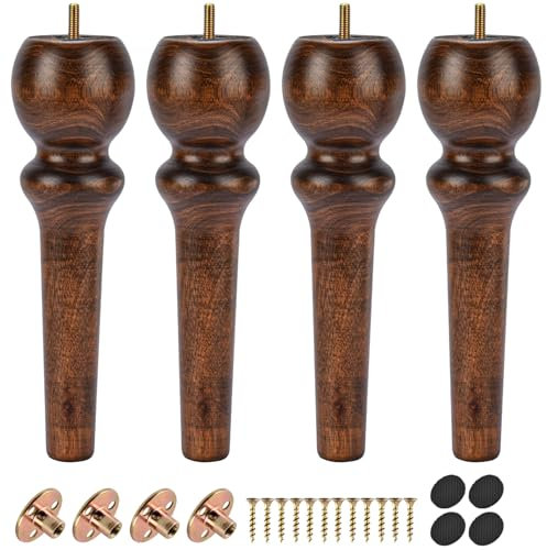 TCHOSUZ 10 inch / 26cm Wooden Furniture Legs, Pack of 4 Classic Glaze Solid Wood Turned DIY Replacement Bun Feet with M8 Hanger Bolts & T-Nuts for Sofa Couch Cabinet Buffet Table Ottoman Riser