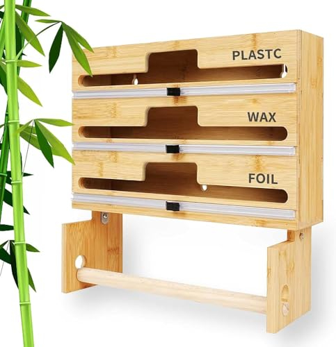 ITETONE 4 In 1 Plastic Wrap Dispenser With Slide Cutter And Holder, Paper Towel,Saran Wrap, Aluminum Foil And Parchment Paper Organizer Holder For Kitchen Drawer, Fits 12 Roll