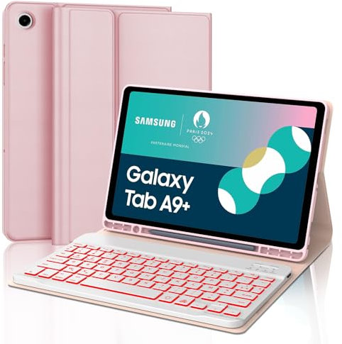 IVEOPPE Clavier Samsung Tab A9 Plus 11 2023, Rétroéclairage 7 Couleurs, AZERTY Français Étui Clavier Magnétique Bluetooth sans Fil Etui Housse pour Samsung Tab A9 Plus (SM-X210/X216/X218), Rose