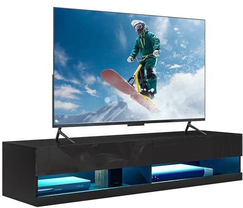 HOMCOM Floating TV Unit, Wall Mounted TV Cabinet for TVs up to 65, High Gloss Media Wall Unit with LED Lights, Storage Shelves for Living Entertainment Room, Black