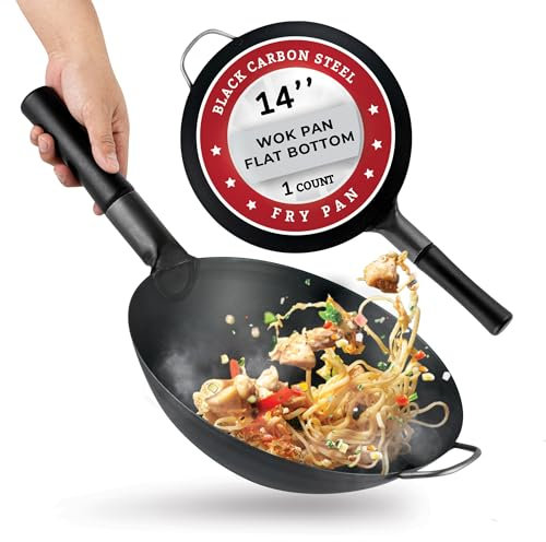 Motomori 35,6 cm vorgebrannter Karbonstahl-Wok, 1 traditioneller japanischer Wok – runder Boden, Holzgriff, schwarzer Karbonstahl, traditionelle Rührpfanne, mit Hilfsgriff Restaurantware