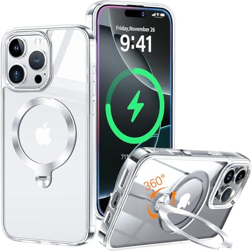 HaloArt 360° Girevole Supporto Magnetica Cover per iPhone 16 Pro [Stabile CD Anello Supporto per MagSafe] [N.1 Potenza Magnetica & Protezione Militare] Custodia Protettiva Antiurto Sottile,Trasparente