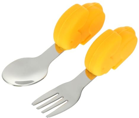 SHOWERORO 2piezas Cubiertos Para Bebés De Acero Inoxidable y Silicona De Diseño De Conejo Tenedor y Cuchara Para Aprendizaje De Alimentación Infantil