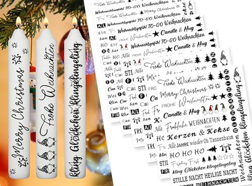 Sugeru 6 PCS Kerzentattoos Weihnachten (200+ Muster) - DIN A5,Wassertransferdruck | DIY asserschiebefolie Kerzenfolie | Kerzenaufkleber Weihnachts Sticker | Deko,Ostern,Adventskerze (Weihnachten III)