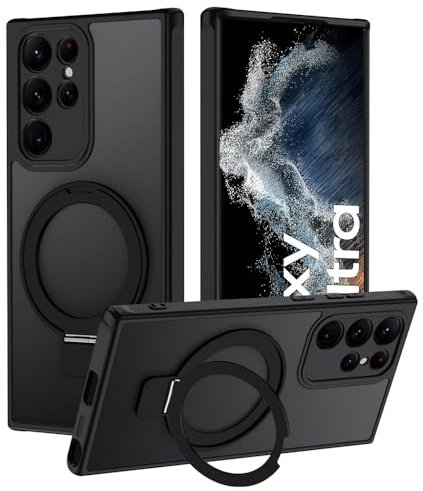 Tawarror 3-in-1 MagStänder Handyhülle für Samsung Galaxy S22 Ultra 5G Hülle für MagSafe, Matt Transluzente Magnetisch Schutzhülle für Samsung S22 Ultra Hart PC Kratzfest + TPU Stoßfest Case, Schwarz