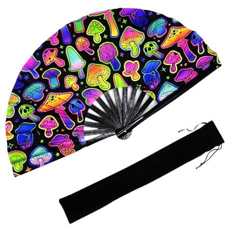 YKuzLx 13‘’ UV Glow Large Rave Fan for Men Women, Rave Essentials, Decorative Folding Hand Fan for Party, Home Decoration, Gift, Music Festival Essential, EDM Rave Accessories (Mushroom3)