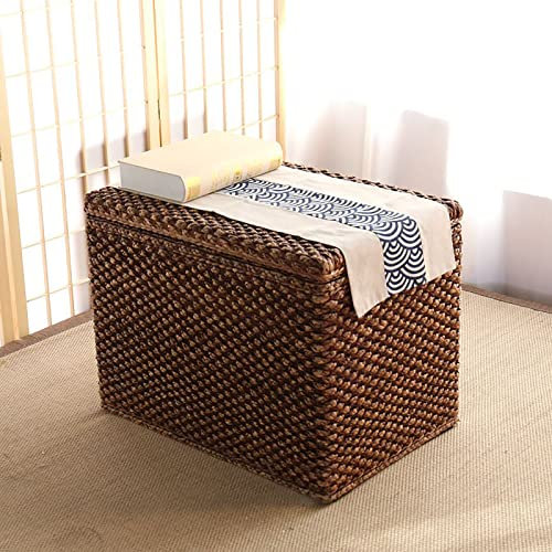 Aufbewahrungsbank aus gewebtem Rattan für Wohnzimmer, rustikales Bauernhaus, Korbkasten, Seegras, Ende der Betttruhe, Walnussholz-Finish, 70 x 40 x 45 cm