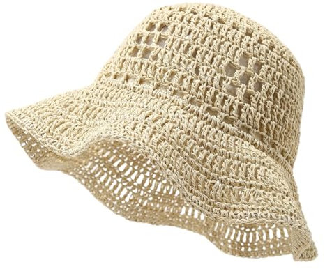 YAMEE Strandhut Damen Stroh,Sonnenhut Damen Strohhut Leicht Faltbar,Sommer-Bucket-Hut für Urlaub,Garten,Outdoor