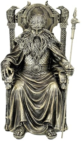 Figuren Shop GmbH Odin Figur auf Thron mit Speer – Nordische Götterstatue, Allvater Wodan mit Raben & Wölfen, Wikinger-Deko, 22 cm
