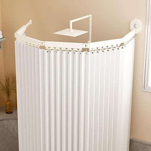 Faltbarer Duschvorhang Anti Schimmel mit Duschvorhangstange Ohne Bohren – Waschbarer Bad Vorhang mit Starker Saugnapfhalterung,Badewanne & Eckdusche, Leinen Shower Curtains (138 cm+25 cm,Weiß)