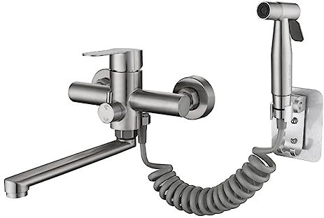 Rubinetto da Cucina Miscelatore Cucina Lavello Miscelatore A Parete Rubinetti per Lavello Cucina A 2 Fori con Doccetta Estraibile in Acciaio Inossidabile