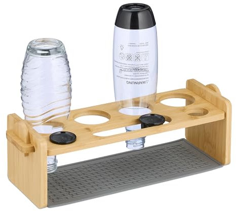 Relaxdays Flaschenhalter kompatibel mit Sodastream-Flaschen, Bambus, Silikon-Abtropfmatte, 4er Abtropfhalter, Natur/grau