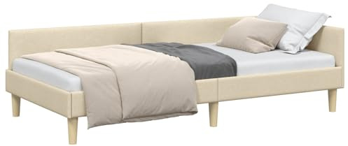 vidaXL Corner Bed Frame Cream 100 x 200 cm Fabric and Engineered wood, Contemporary Corner Bed Frame, Adjustable Headboard, Durable Polyester Material, Space Saving Stylish Bedding Solution