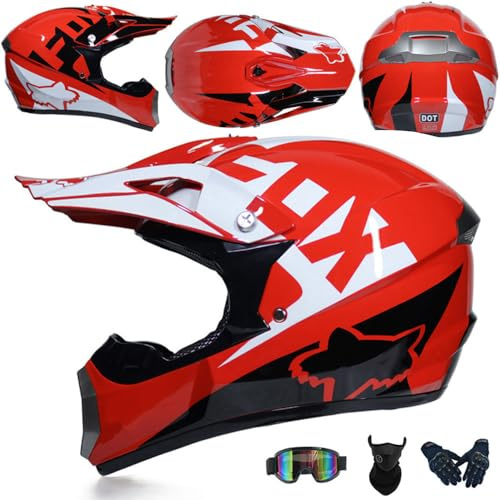 Motocross Helm Kinder Erwachsene Dirt Bike Offroad Cross Helm Herren ATV Helms Jugend Motorradhelm MX Enduro Full Face MTB Helms DOT/ECE-Zertifizierter Mit Brille Maske Handschuhe,Red/A-L