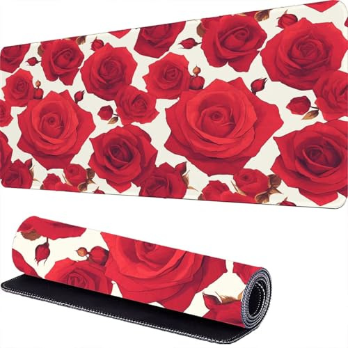 Rouge Tapis de Souris XXL 900 x 400 x 3mm Fleurs Grand Tapis de Souris, Mousepad à Bords Cousus, Antidérapant Desk Mat, pour PC, MacBook, Portable, Améliore la Précision et la Vitesse r-156