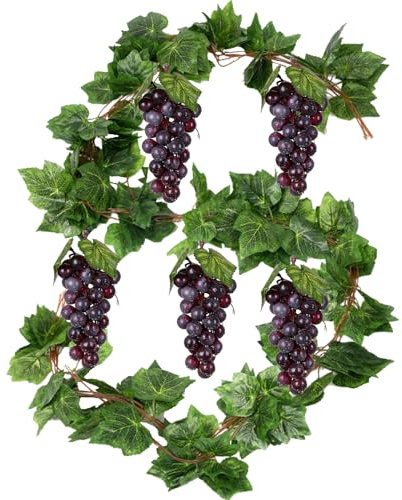 5Pcs 36 Leaves Artificial Greenery Garlands Hanging Leaves with 5 Strings 36 Purple Grapes for Faux Grape Leaf Garland Vine Plants for Indoor Outdoor Wedding Garden Home Party Wine Rack Decor