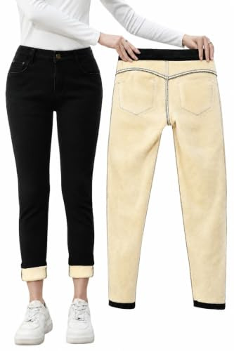 Merlvida Jeans Termici Donna Vita Alta Push Up, Pantaloni Jeans Foderati Invernali, Jeans Aderenti con Interno in Pile, Leggings Felpati in Denim Elasticizzati e Caldi