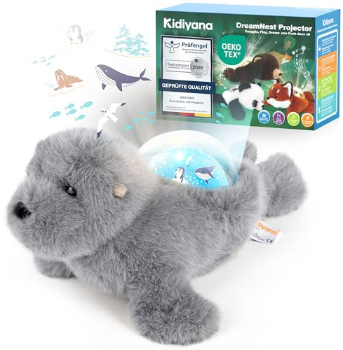 Kidiyana Doudou interactif avec aide à l'endormissement de bébé, peluche et projecteur de ciel, musique de sommeil et sons de la nature, capteur de mouvement et de vin, rechargeable, premier cadeau à