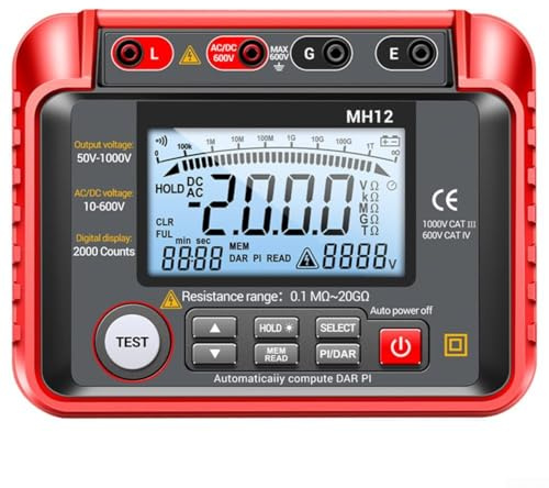Megohmímetro digital, medidor digital de resistencia de aislamiento y probador de puesta a tierra, rango de 0.1 MΩ a 10 GΩ con voltaje de prueba de 600 V, pantalla retroiluminada, almacenamiento de