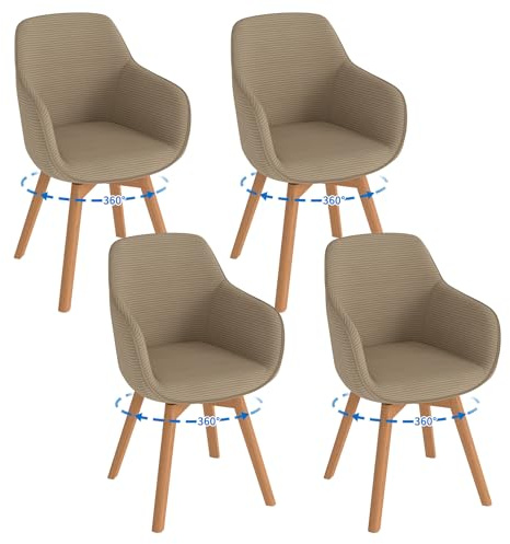 LEWE Chaises Salle à Manger Lot de 4 Pivotantes avec Accoudoirs, Pivotantes à 360°, Chaise Cuisine Moderne Velours Côtelé, Pieds et Dossier Bois pour Salon, Salle à Manger, Kaki