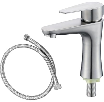 Wasserhahn Bad, Kaltwasserhahn Edelstahl Kaltwasserarmatur, mit 80cm Anschlussschlauch, Waschbeckenarmatur mit Auslauf Höhe, Kaltwasserhahn Gäste WC für Badezimmer