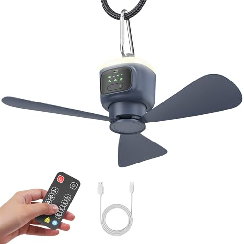 Vulaop Ventilatore da soffitto da campeggio da 12000 mAh, portatile, con illuminazione da campeggio, USB, 4 velocità e timer da 2-8 ore, ventilatore da soffitto per tenda, gazebo, camper, camera da