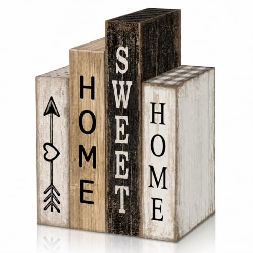 4Pcs Wooden Home Decor Set, Sweet Home Sign, Neutral Shelf Decorations and Living Room Accessories, Vintage Rustic Wood Plaques for Tiered Tray, Mantelpiece, Housewarming Gift