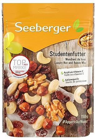 Seeberger Studentenfutter 12er Pack: Klassische Nuss-Frucht-Mischung aus Haselnusskernen, Mandeln, Walnüssen & Cashewkernen, mit Rosinen - reich an Vitamin E, vegan (12 x 150 g)