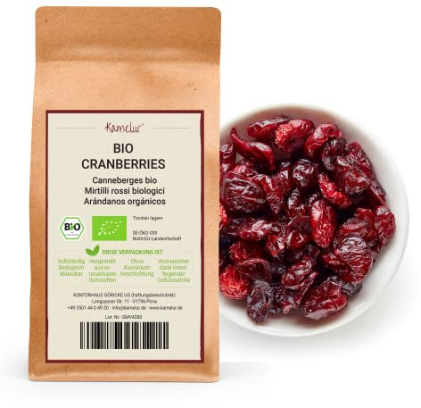 Kamelur Mirtillo Rosso BIO Senza Zucchero - 1Kg - Mirtilli Rossi Essiccati Dolcificato Con Succo Di Mela 1 Kg (Confezione Da 1)