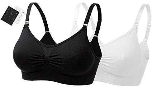 UtopyaUK Single or Double Pack Seamless Nursing Maternity Bra Padded Breastfeeding Drop Cup Sleep Comfortable Comfort Bra Crop Top Wire Free, 1 Black 1 White, M