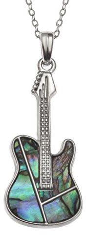 Kiara Jewellery Collier avec pendentif guitare incrusté de coquille d'ormeau bleu vert naturel sur chaîne 45,7 cm Ne ternit pas