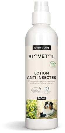 Biovetol - Spray répulsif antiparasitaire pour Chien &Chat - Bio Certifié Ecocert - Anti-puces, Anti-Tiques, Anti moustiques – sans rinçage- Conçu et Fabriqué en France - 100g