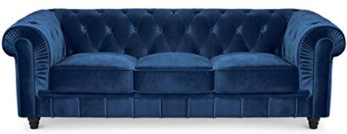 Menzzo Grand Canapé Chesterfield 3-Sitzer Sofa mit Samtbezug Blau
