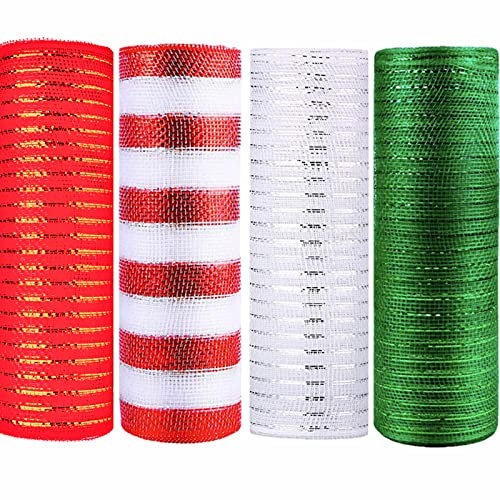 4 Rolls 10 inch x 10 Yards Christmas Deco Mesh Rolls for Wreath Making White Stripe Green Red Xmas Poly Ribbon Christmas Mesh Ribbon Rolls for Xmas Wreath Garland Crafting Tree Decorations