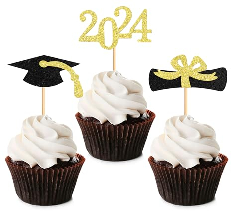 24 Pcs 2025 Graduation Cupcake Toppers Glitzer Klasse von 2025 Graduation Cake Toppers 2025 Grad Cap Kuchen Dekorationen für Abschlussfeierzubehör