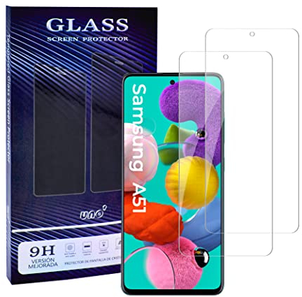 UNO' Lot de 2 protections d'écran en verre trempé ultra résistant sans bulles, 9H, anti-rayures. Compatible avec Samsung Galaxy A51 / A51 5G.