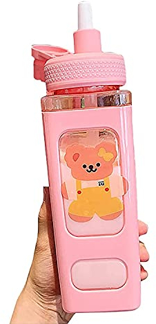 BYSN Grande Bouteille d'eau Kawaii avec Paille et Autocollant Kawaii, Bouteilles d'eau Mignonnes ours Kawaii Sport bouteille carrée portable en plastique pour Enfants Fournitures Scolaires (Rose)