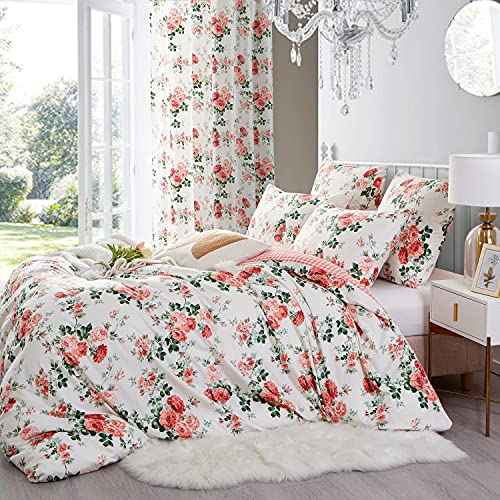 Sacebeleu Bettwäsche 155x220 cm Rot Weiß Blätter Blumen& Kariert Muster Pflanzen Vintage Wendebettwäsche Set Microfaser Einzelbett Bettbezug mit Reißverschluss und Kissenbezug 80x80 cm