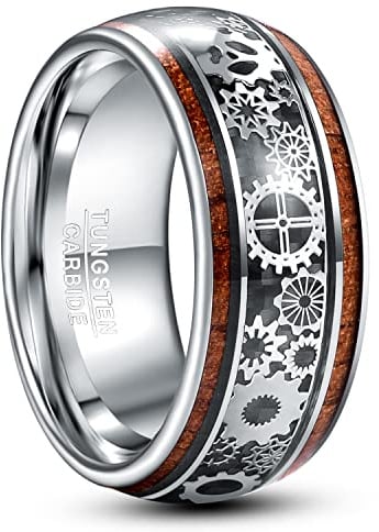 TUNGSTORY Wolfram Ring Herren 10mm Schwarz/Silber Steampunk Zahnräder Ring mit Holz Männer Ehering