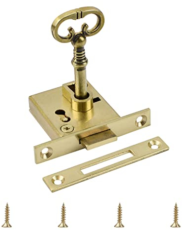 UFURMATE Vintage Lock, 1 Pack Gold Cabinet Lock Set with Key Retro Desk Drawer Spring Lock Decorative Antique Brass Lock for Cabinet, Wardrobe, Drawer, Cupboard, Wooden Boxes